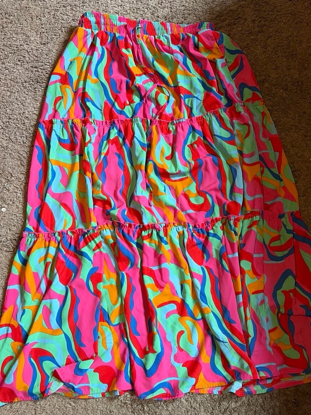 Amazon Essentials Multicolor Swirl Tiered Maxi Skirt - Pink, Turquoise, Yellow
